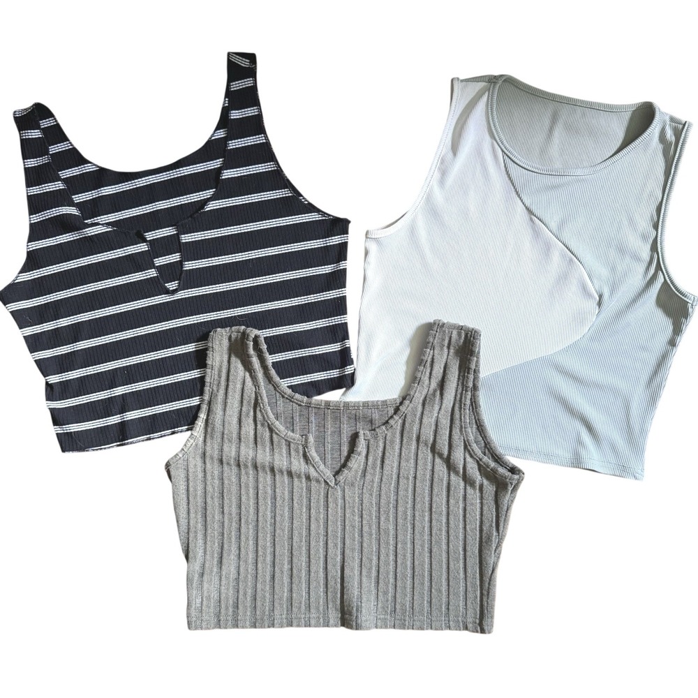 Lot of 3 Ribbed Crop‎ Tops Womens Striped Grey Colorblock Notched Tank Tops